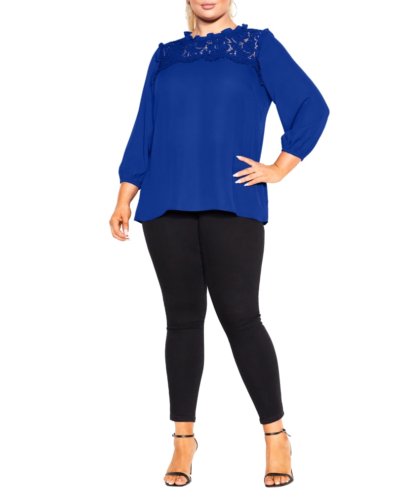 Front of a model wearing a size S Angel Lace Top in Lapis by City Chic. | dia_product_style_image_id:318094